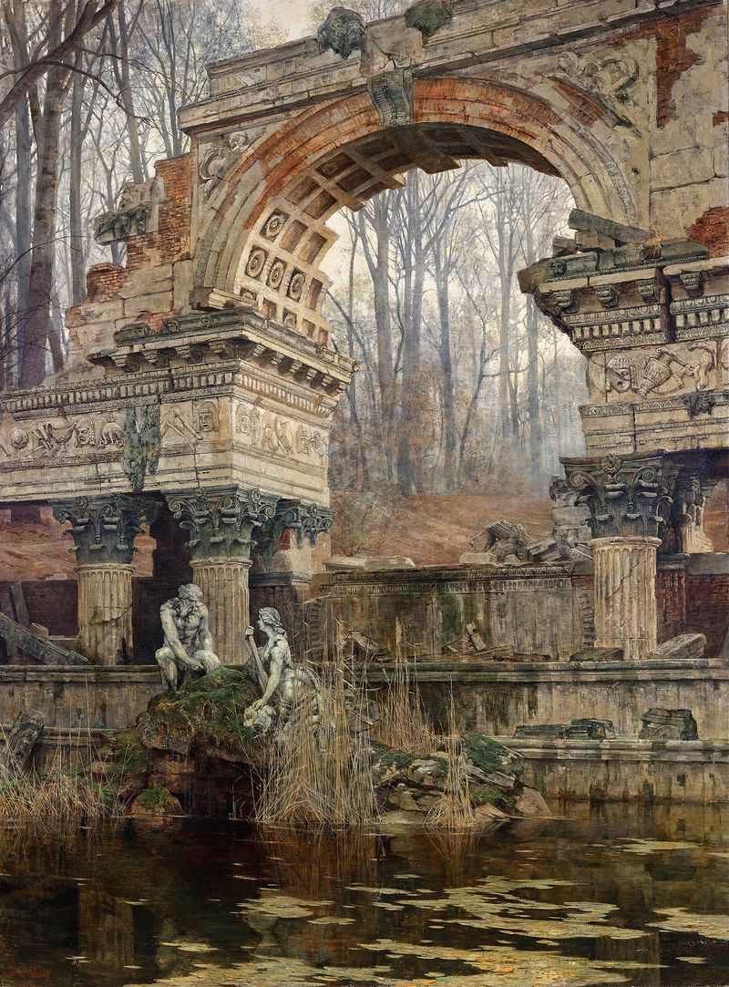 La Ruina Romana en Schönbrunn de Carl Moll, pintura al óleo que muestra un arco con vegetación exuberante.