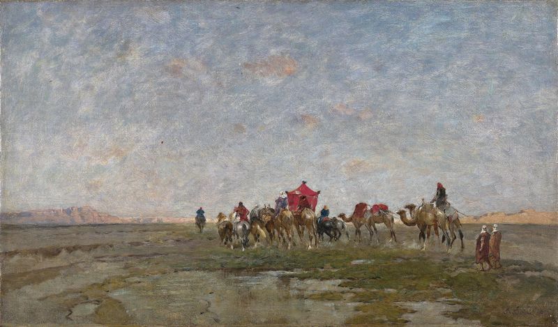 Karawane In Der Wüste de Alberto Pasini, óleo sobre lienzo que muestra un paisaje desértico con una caravana.