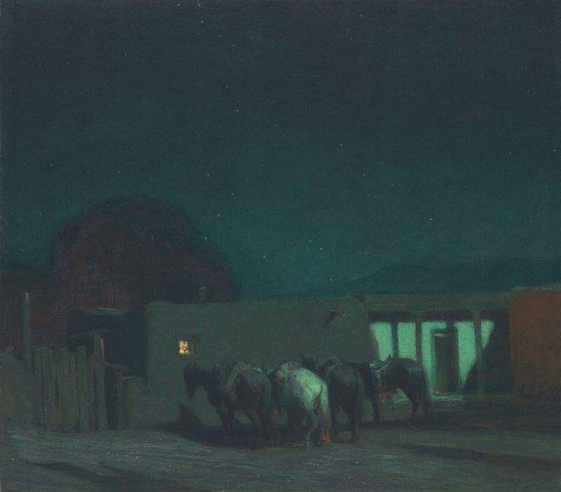 Horses by Adobe Building, Moonlight, oil on canvas by Oscar Edmund Berninghaus