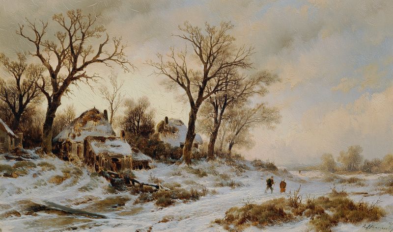Winterlandschaft by Remigius Adrianus van Haanen, oil painting depicting a snowy landscape with frosted pines.