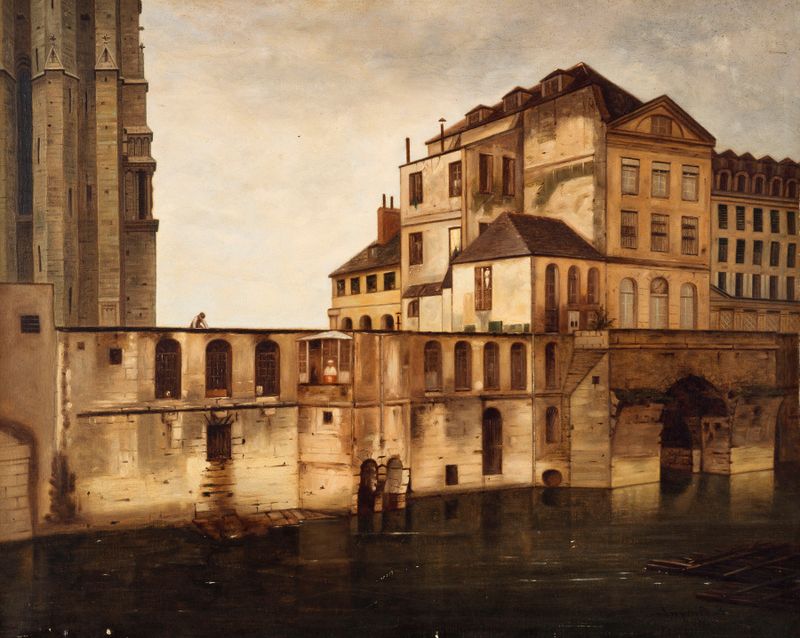 L’ancien Hôtel-Dieu et les cagnards de Eugène Burgat, retratando uma cena arquitetônica em meio desconhecido.