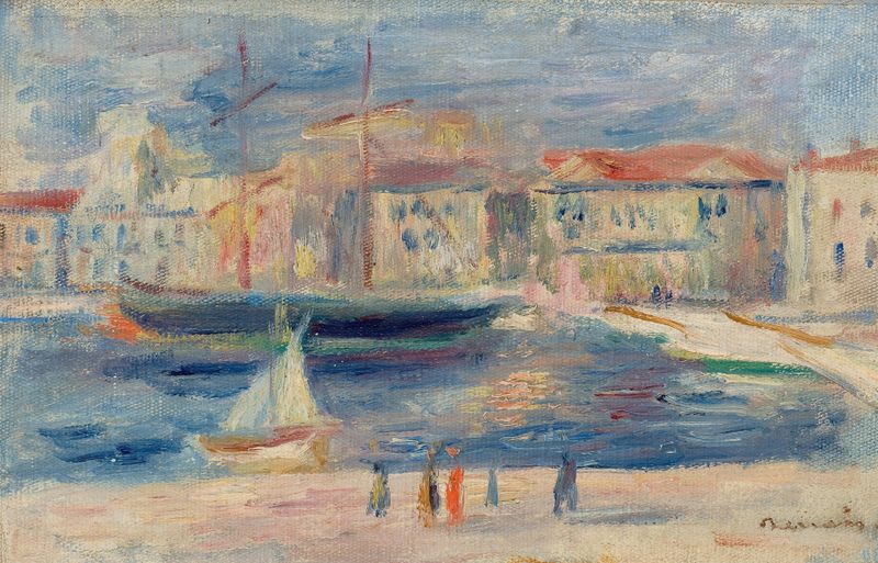 Le Port de Saint-Tropez de Pierre-Auguste Renoir, óleo sobre tela que retrata barcos em um oceano ensolarado.