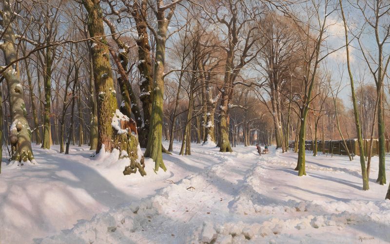 Snowy forest path illuminated by sunlight, oil on canvas by Peder Mørk Mønsted