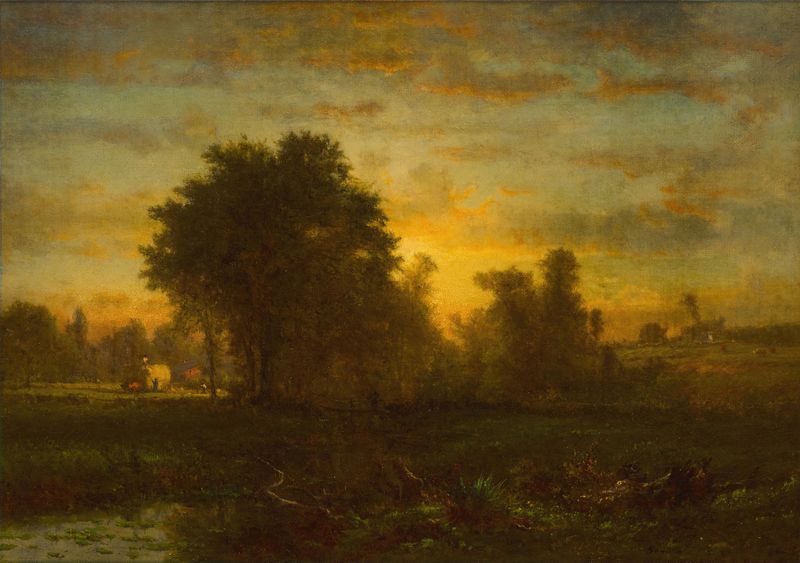 Farm at Sundown, óleo sobre lienzo de George Inness, que representa un paisaje tranquilo al atardecer.