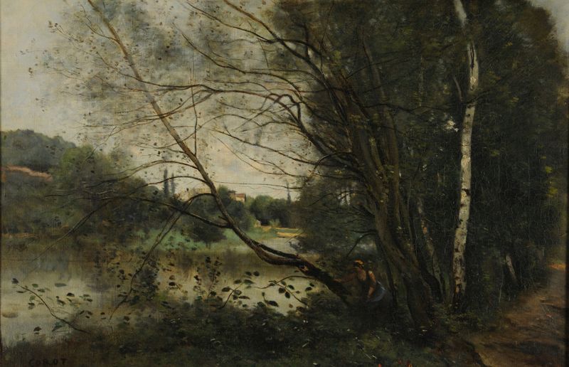 L’étang à l’arbre penché de Jean-Baptiste-Camille Corot, óleo sobre tela mostrando um salgueiro ao lado de um lago.