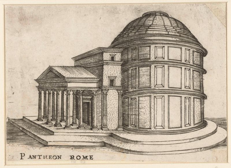 Grabado de un templo clásico con columnas imponentes de Unknown Artist