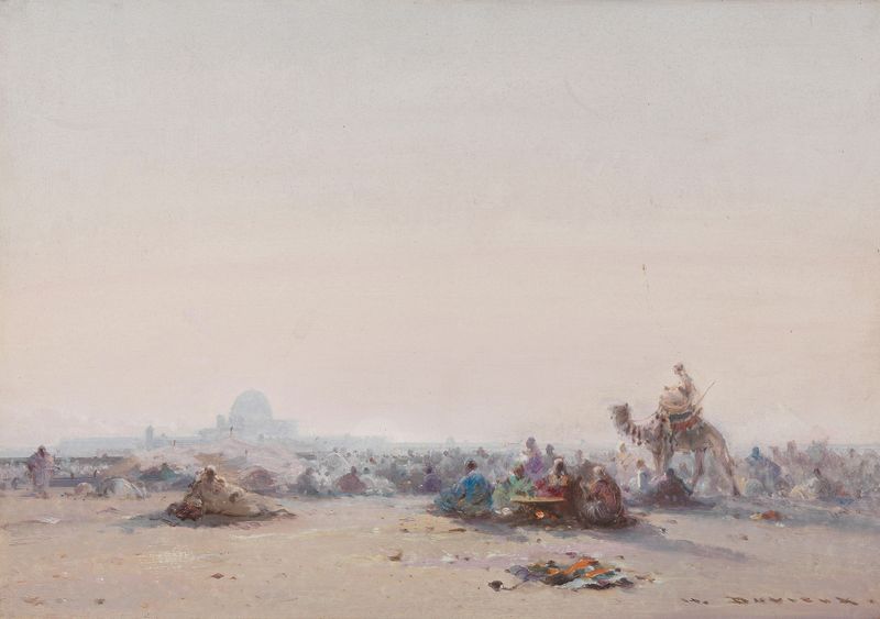 Sunrise in the desert at the gates of a city, oil on canvas by Henri Duvieux