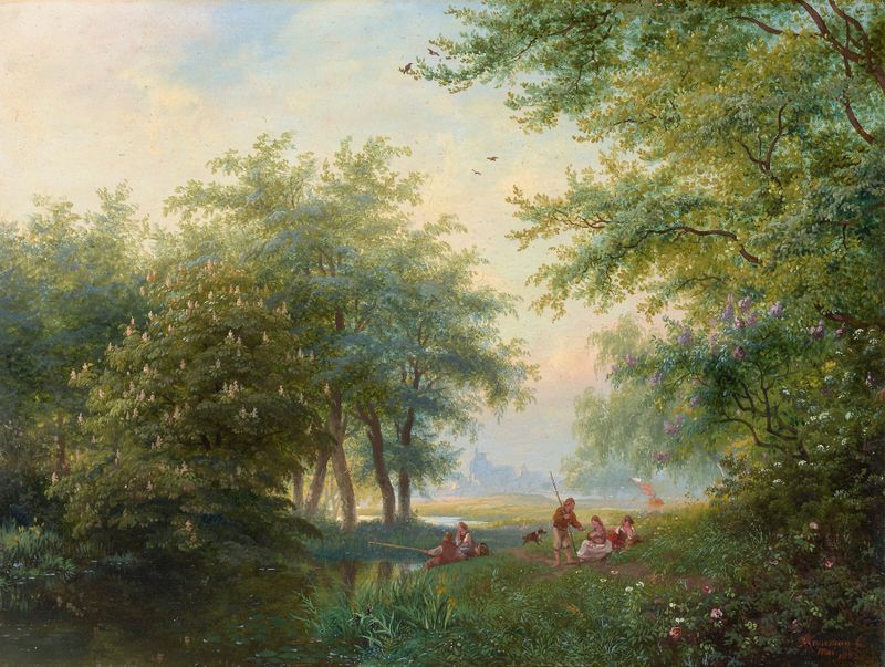 Landscape in oil on canvas by Frederik Marinus Kruseman featuring sunlight filtering through trees.