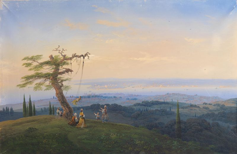 Genre scene oil painting by Carlo Bossoli depicting figures enjoying leisure at dusk