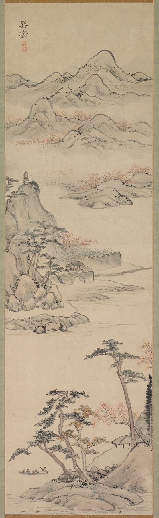 Landscape with Boaters de Kimura Kenkadō, Ukiyo-e, presenta un río tranquilo al anochecer con barcos.