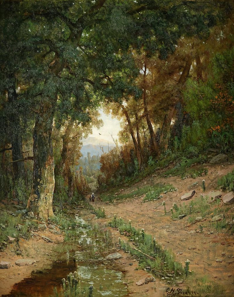 Path in the White Mountains de Christopher H. Shearer, pintura a óleo que retrata uma paisagem montanhosa nevada.