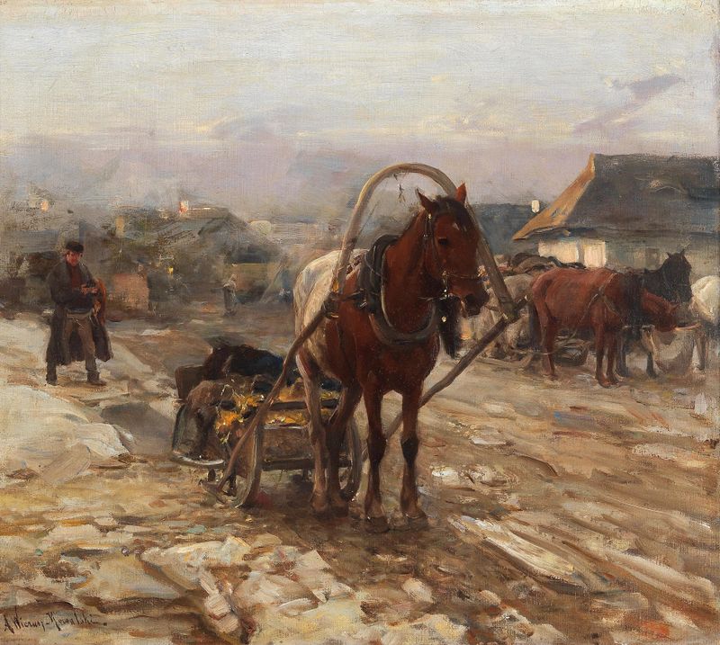 Horse-drawn cart on a village street, oil painting by Alfred von Wierusz-Kowalski