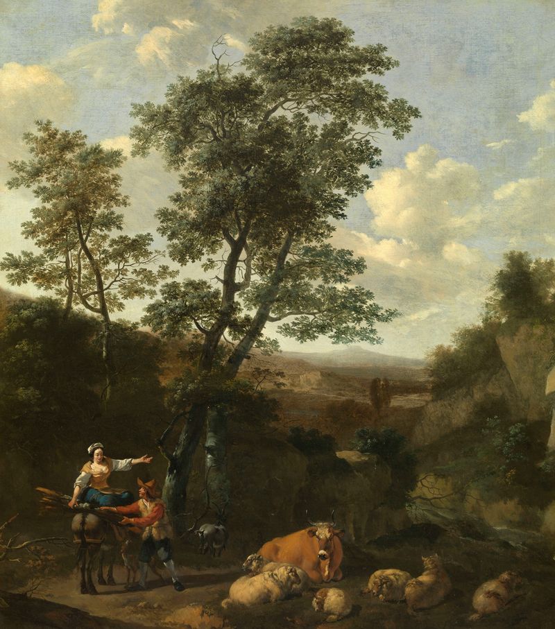 Italian Landscape by Nicolaes Pietersz Berchem, oil on canvas depicting rolling hills and sunlight.