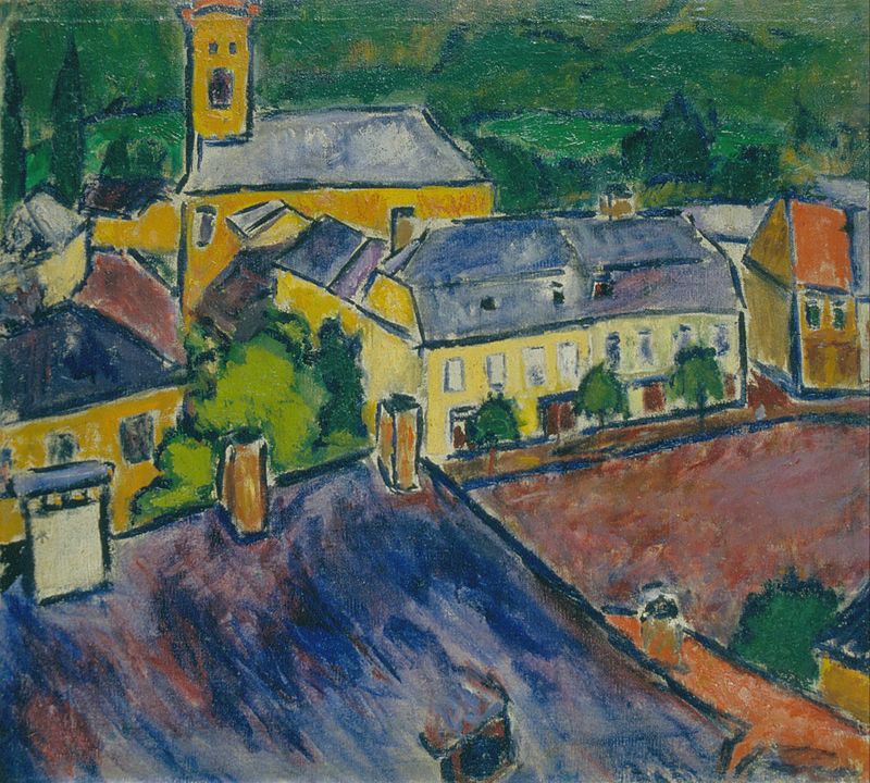 Townscape de Sándor Galimberti, óleo sobre lienzo que muestra un vibrante paisaje urbano.