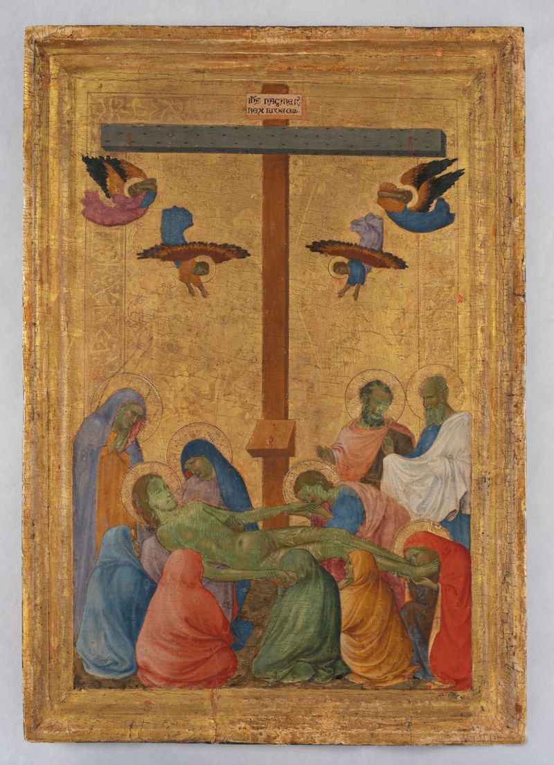 Lamentación sobre el Cristo muerto, madera, Lippo di Benivieni, figuras en duelo alrededor de Cristo