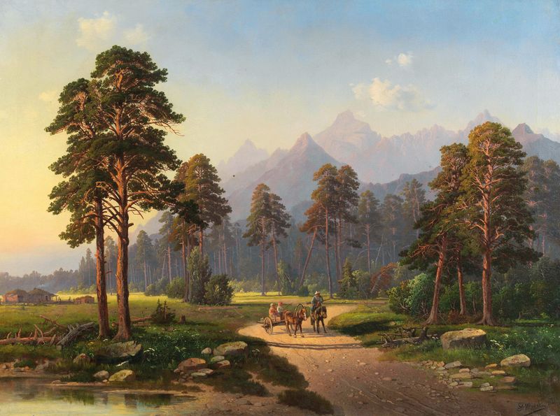 Paisagem com um caminho sinuoso e pôr do sol de Stanislaw Wronski, pintura a óleo