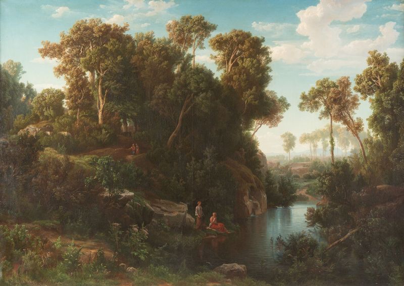 Paisagem arcádica com banhistas, pintura a óleo de August Friedrich Kessler