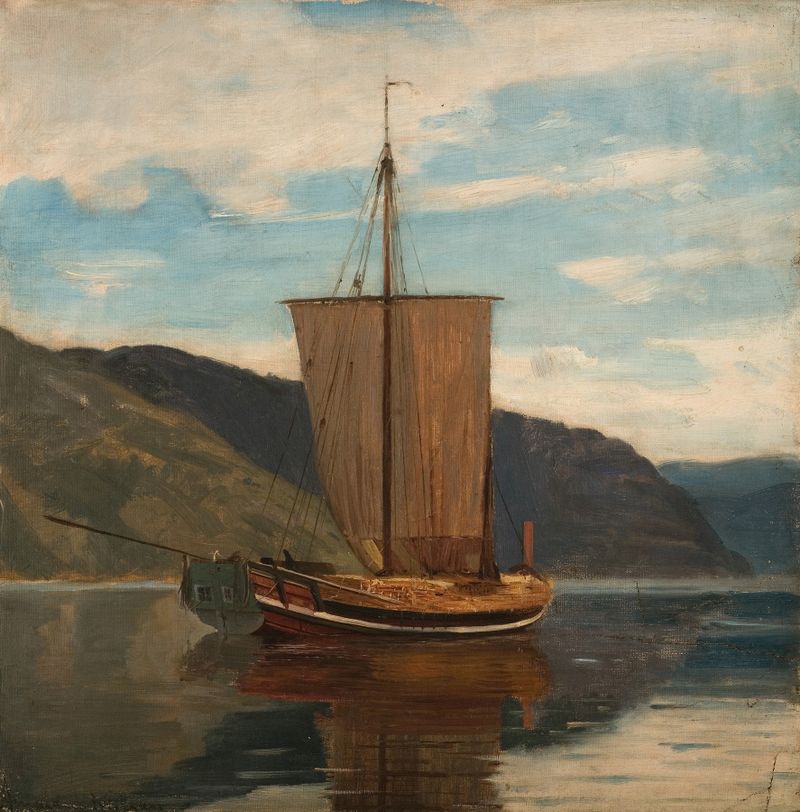 Sognejakt de Amaldus Nielsen, pintura a óleo que retrata um lago turbulento e vegetação exuberante.
