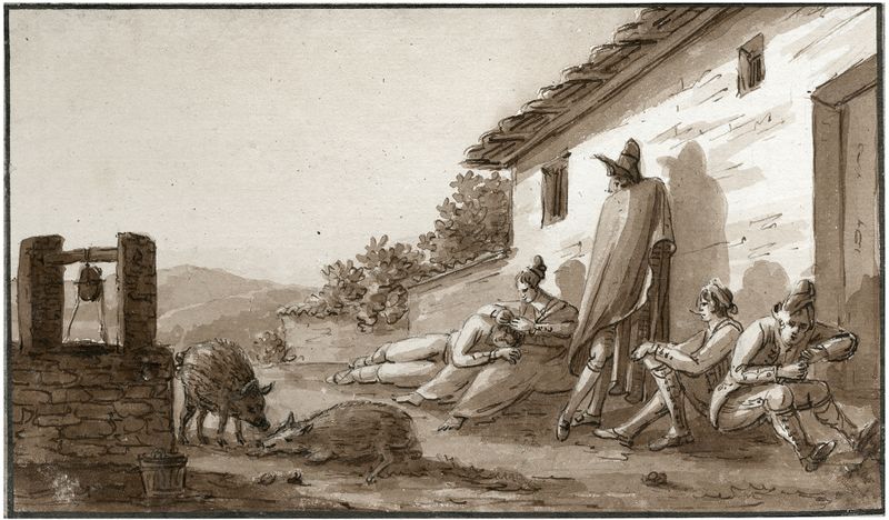 Óleo sobre tela de Otto Howen mostrando agricultores em campos dourados.