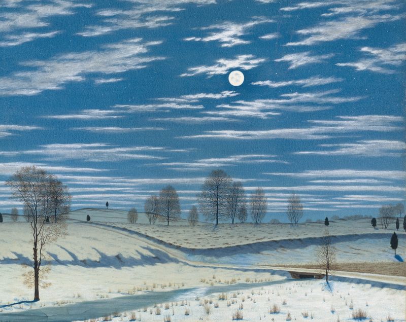 Winter Scene in Moonlight by Henry Farrer, depicting a snowy landscape illuminated by moonlight.