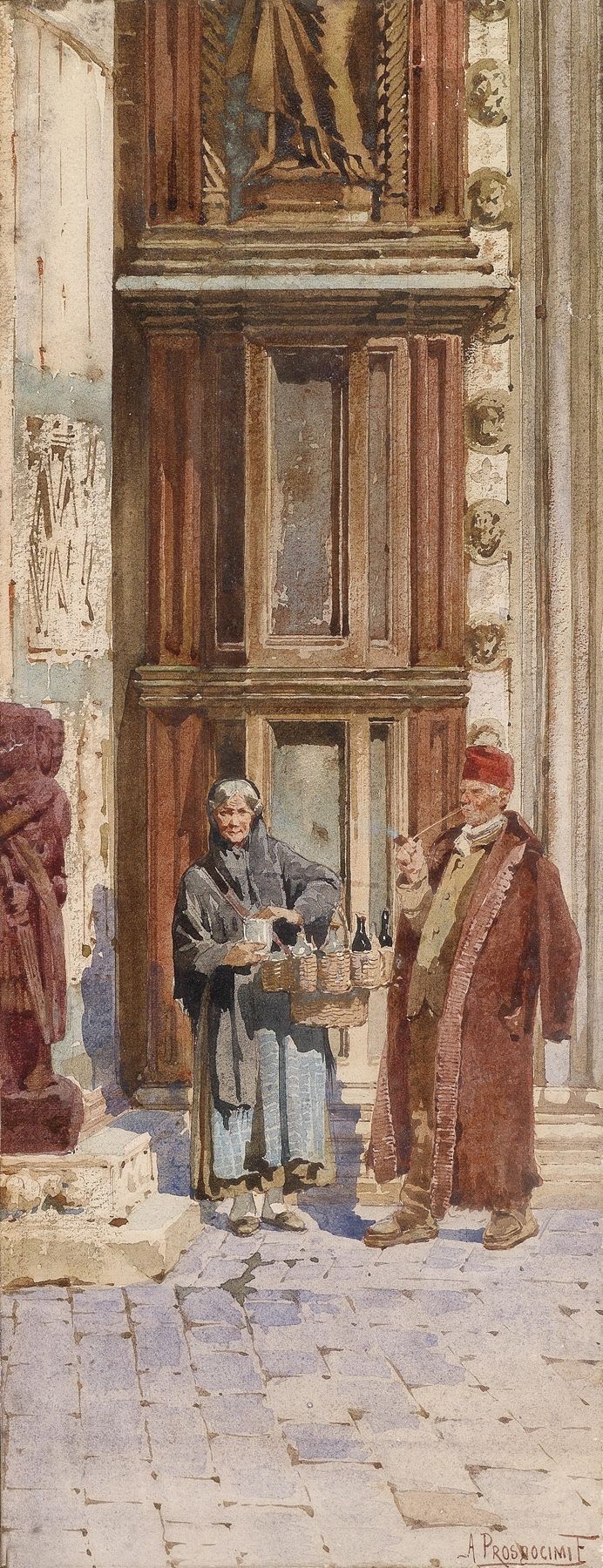 Genre scene of a wine seller in a blue and white garment, oil on canvas by Alberto Prosdocimi