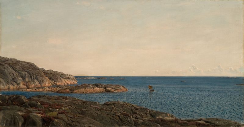 Pintura a óleo de Amaldus Nielsen retratando águas serenas e costa