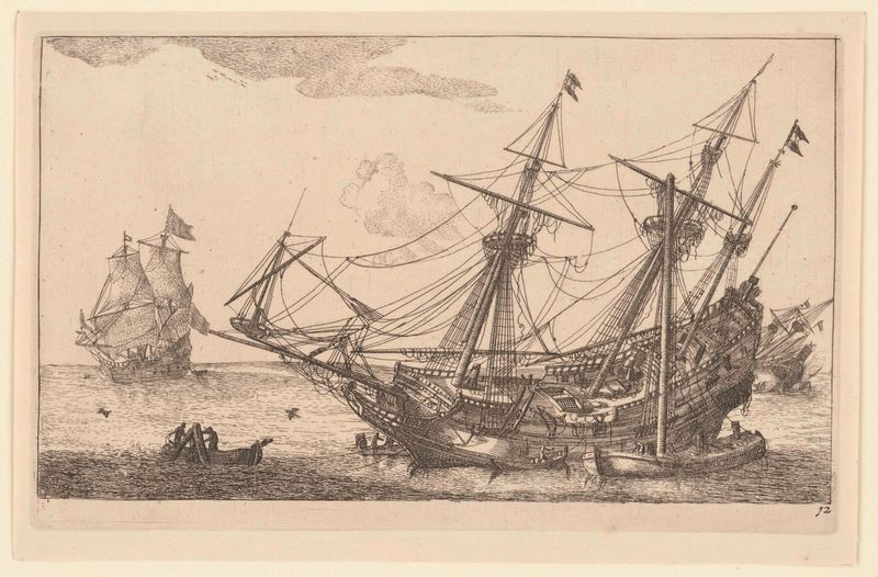 Gravura de um casco de navio mercante detalhado por Unknown Artist