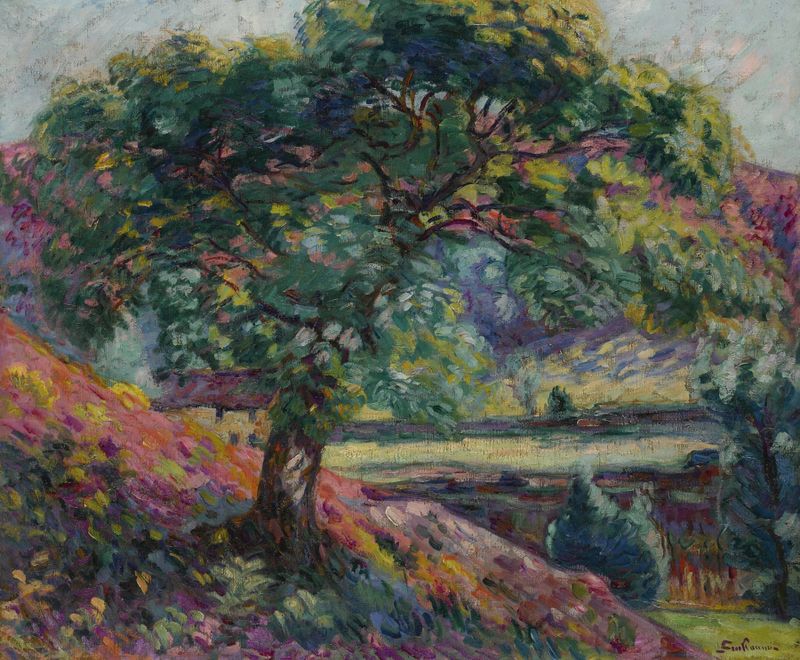 Arbres en Île-de-France de Armand Guillaumin, pintura a óleo de árvores altas e luz do sol.