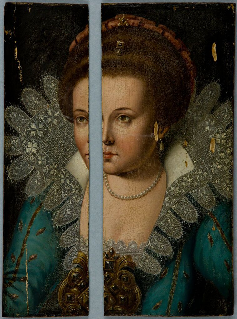 Retrato de una dama, óleo sobre panel de un artista no identificado, con una mirada cautivadora y detalles intrincados.