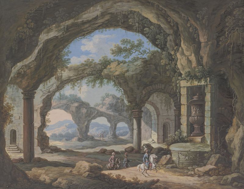 Rococo oil painting by Carl Sebastian von Bemmel depicting a vase in a grotto