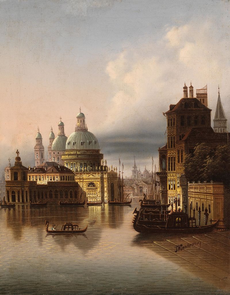 Capriccio, Venice, Scene on a Canal by Johann Wilhelm Jankowsky, oil painting depicting a tranquil canal scene.