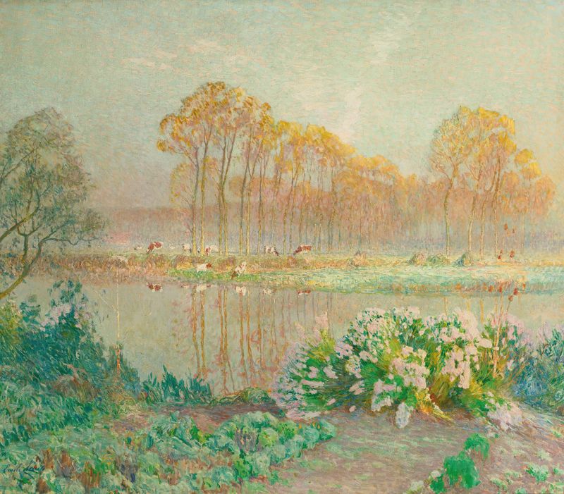 Landscape with pond and blooms, oil on canvas by Emile Claus