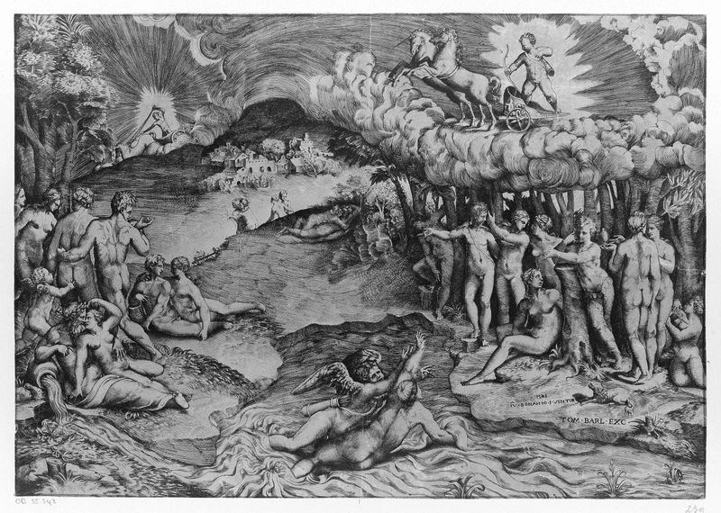Grabado alegórico de Giulio Bonasone que representa figuras entrelazadas, 1545