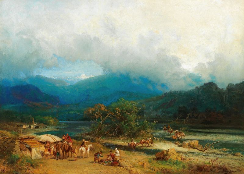 Resting on the riverbank in the Caucasus, oil on canvas by Paul von Franken