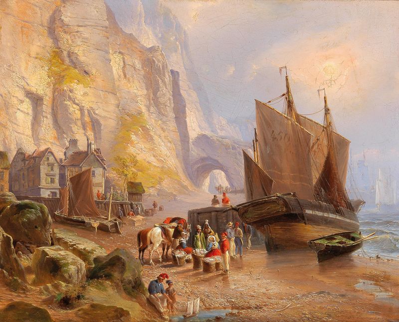 Fishermen on the Beach by Fritz Bamberger, oil painting depicting fishermen at sunrise.