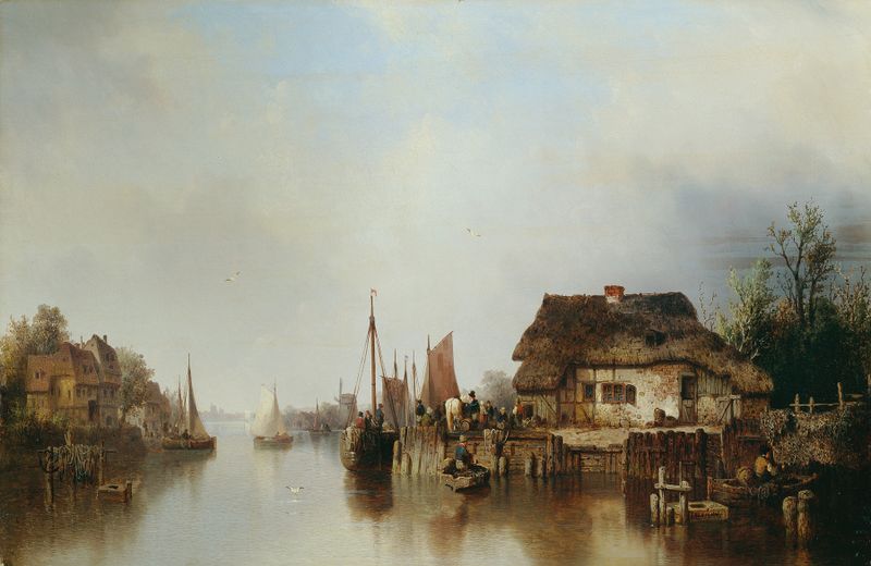 Scheldeufer by Ludwig Hermann, oil painting depicting a tranquil river landscape with reflections and soft light.