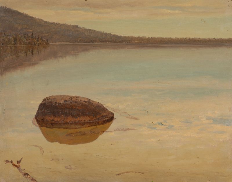 Lake Katahdin, pintura al óleo de Frederic Edwin Church, con un lago sereno y follaje vibrante.