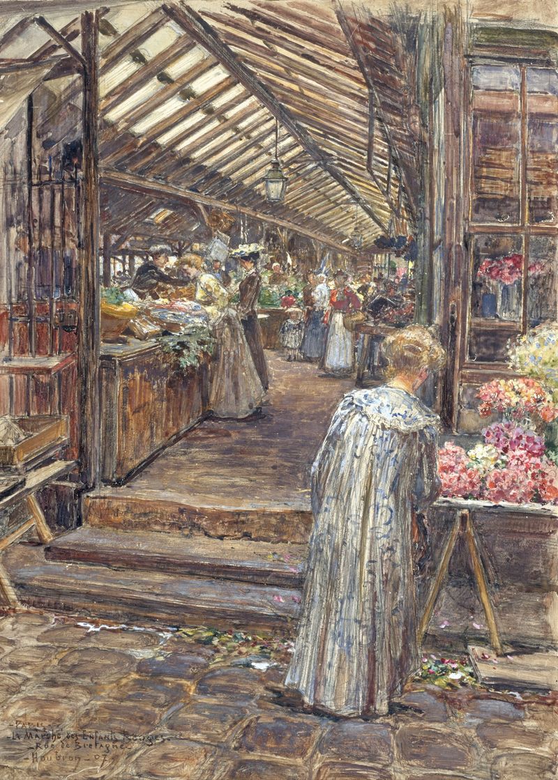 Oil painting by Frédéric Houbron depicting a bustling market scene in Paris