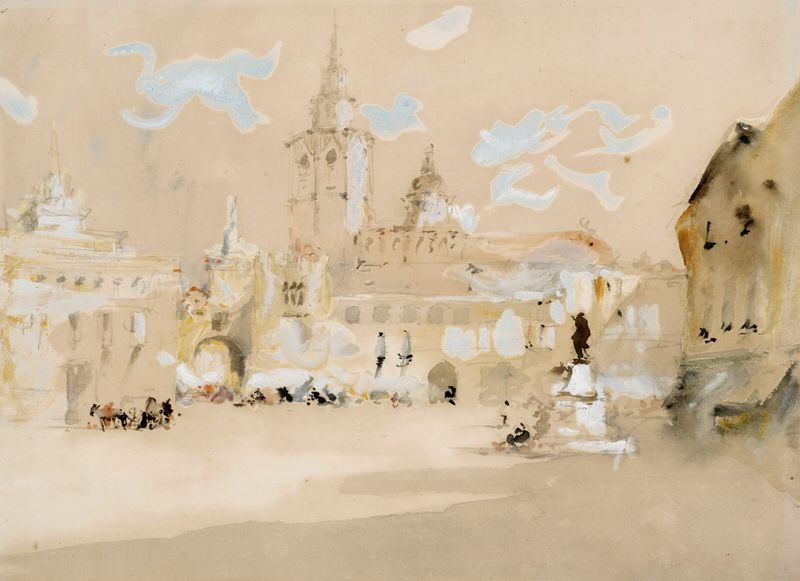 Pintura a óleo de paisagem por Hercules Brabazon Brabazon com cores vibrantes e um horizonte sereno.