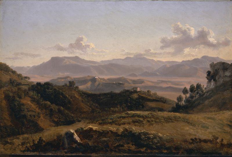 Landscape near Olevano by Friedrich Salathé, oil painting depicting rolling hills and a distant sky.