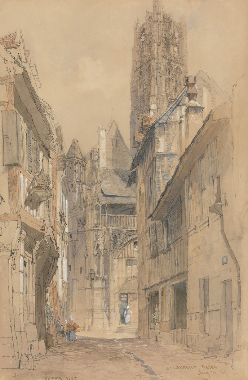 The Church of St. Laurent, watercolor on paper by John Skinner Prout, depicts a church with a blue sky.