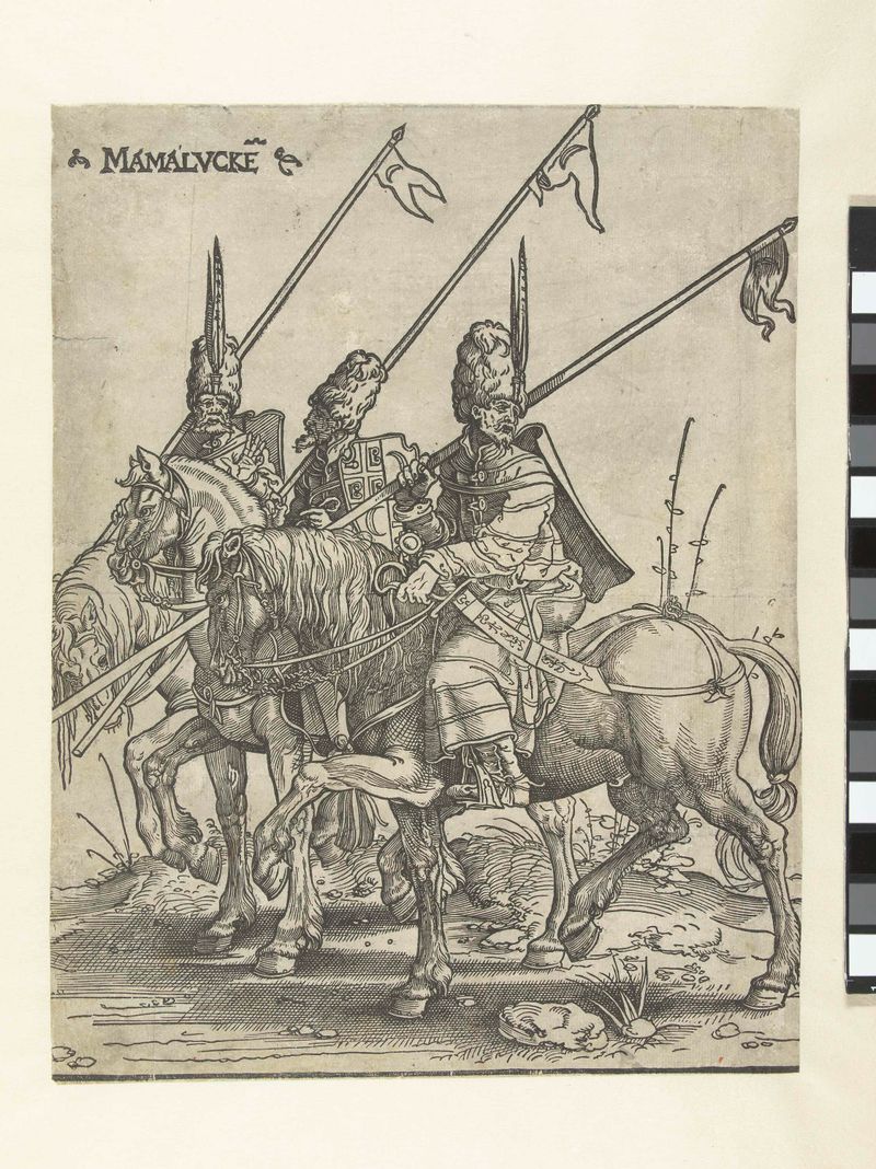 Drie Mamelukken te paard de Jan Swart van Groningen, meio papel, retratando três cavaleiros mamelucos.