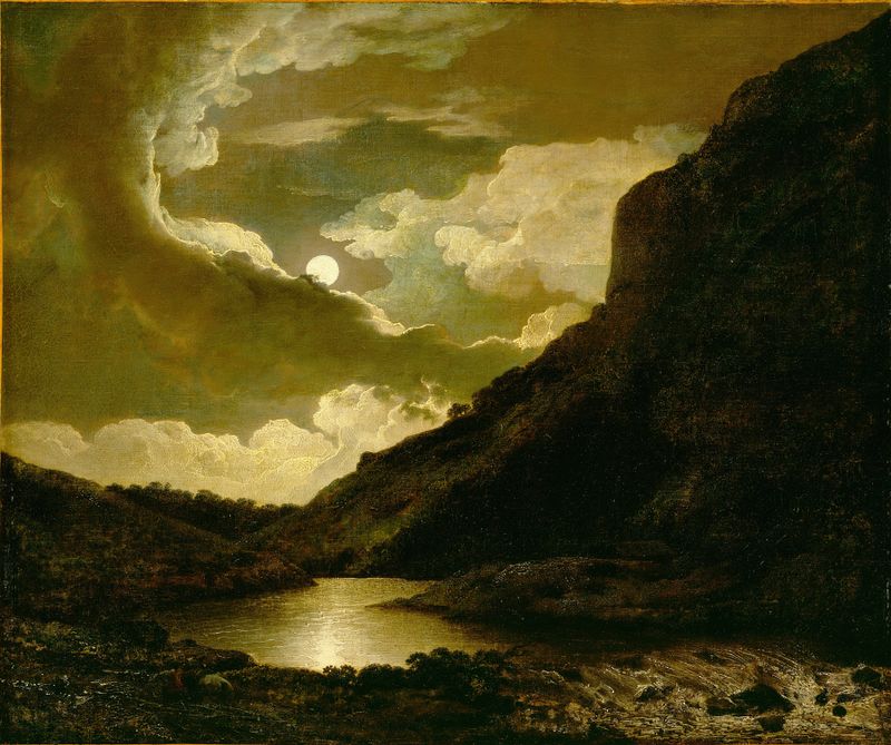 Matlock Tor By Moonlight, oil painting by Joseph Wright of Derby, depicting a tor under moonlight.