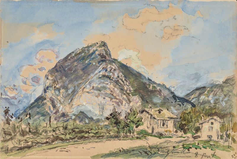 Paisagem com montanhas e rio, pintura a óleo de Johan Barthold Jongkind