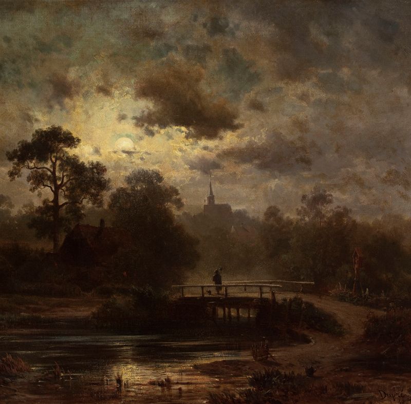 Paisaje a la luz de la luna de Jules Dupré, pintura al óleo que muestra una escena nocturna tranquila con luz de luna sobr...