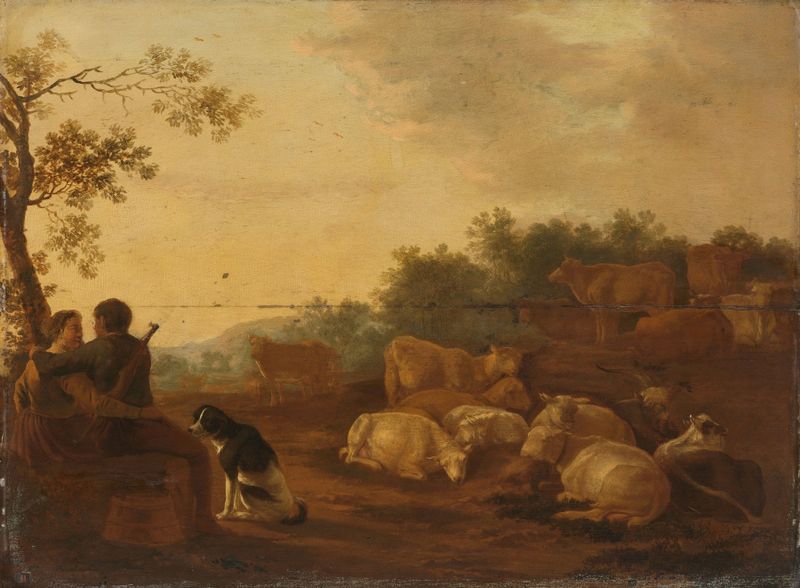 Paisaje con Pastor, Pastora y Ganado de Willem Ossenbeeck, óleo