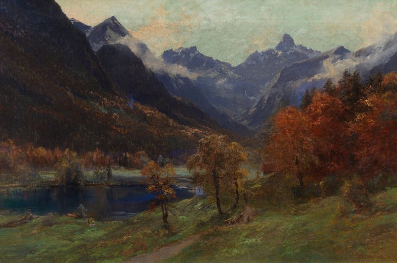 Lake and mountains in a landscape, oil painting by Edward Theodore Compton