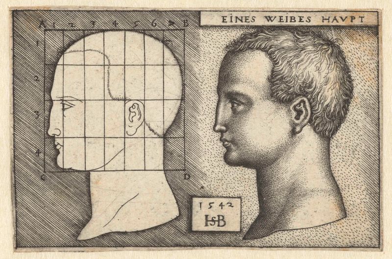 Gravura de Hans Sebald Beham mostrando o rosto de uma mulher com um esquema de proporções.