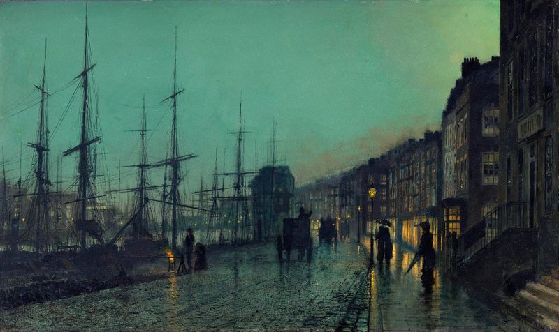 Shipping on the Clyde, pintura al óleo de John Atkinson Grimshaw, con barcos silueteados contra un cielo crepuscular.