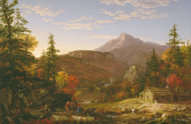 O Retorno do Caçador de Thomas Cole, óleo sobre tela, mostra um caçador em pé perto de um rio e colinas.